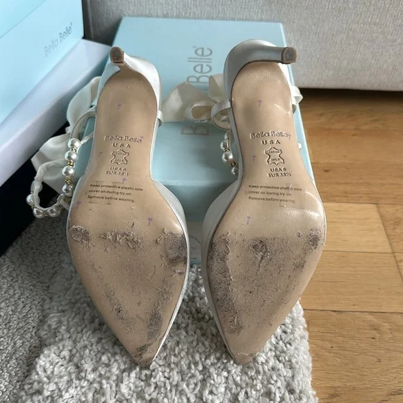 Bella Belle Lisbeth heels. Pearl T-Strap Ivory Heels with Ankle Wrap Bow - Picture 4 of 7
